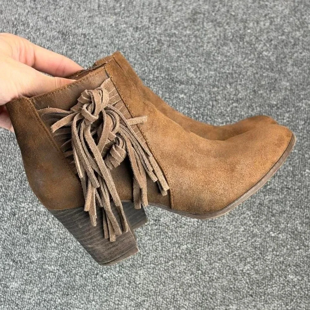 Women's Brown Suede Leather Fringe Tassel Heel Side Zip Booties Boots Size 6.5 M